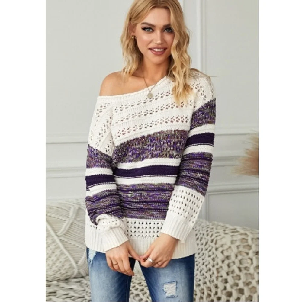 Purple Color Block Round Neck Sweater - Picture 2 of 6